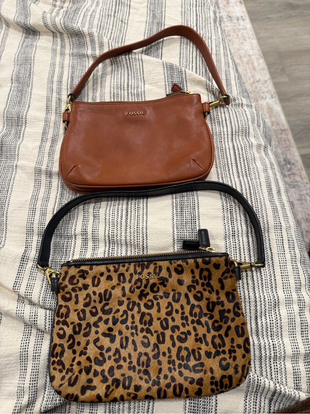 Fossil Women's Tan Leather Shoulder Bag & Leopard Haircalf Set